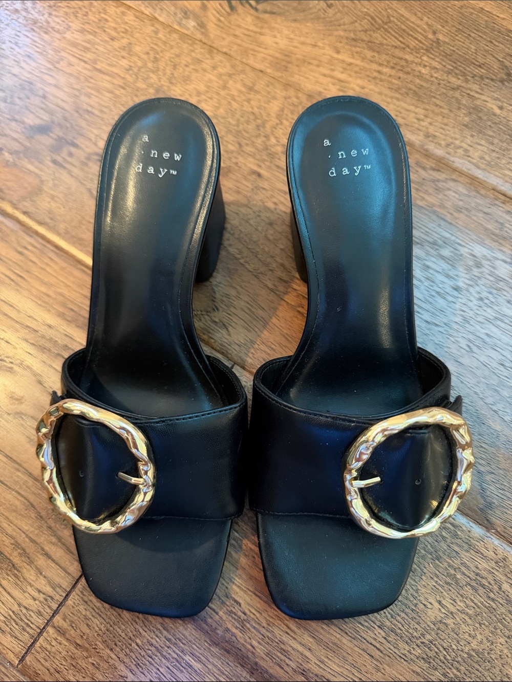 a new day Black Mule Sandals with Gold Ring Accent